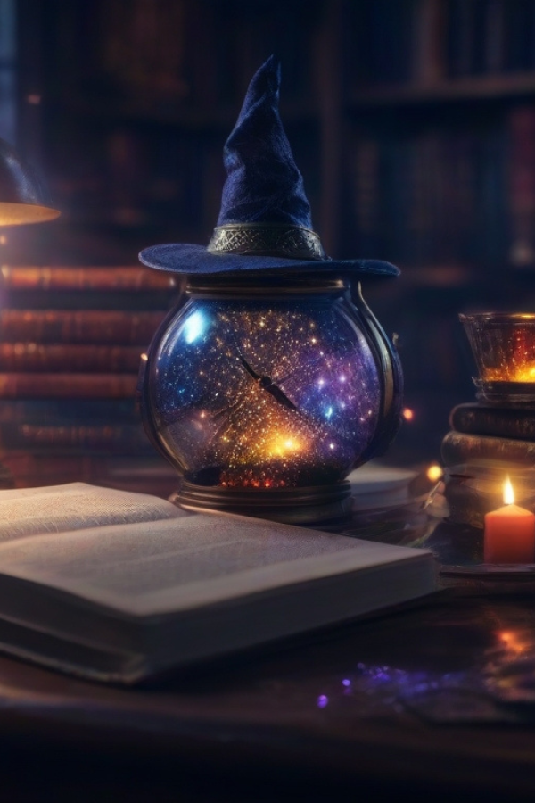 eine magische Lampe mit Hexenhut, davor ein Buch, magische Atmosphäre