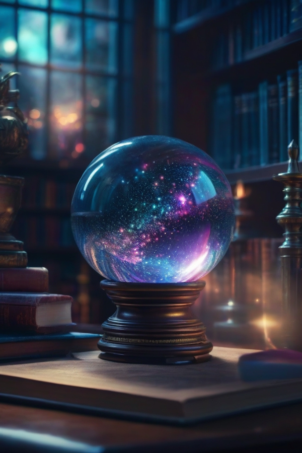 Kristallkugel auf einem Buch in einem Raum voller Bücherregale, Fantasy, magische Atmosphäre, in die Zukunft schauen