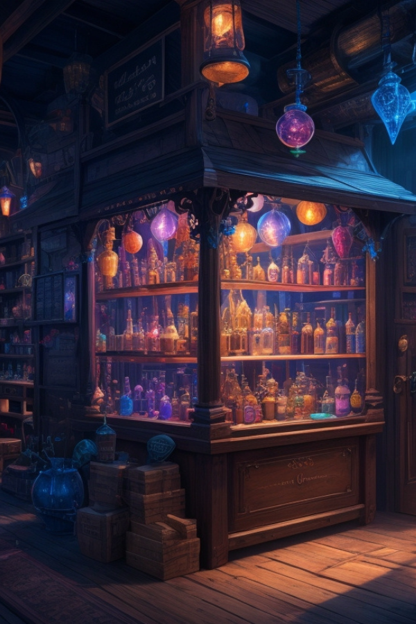 Schaufenster mit Glasflaschen, Zaubertränke und Kräuter, magisch