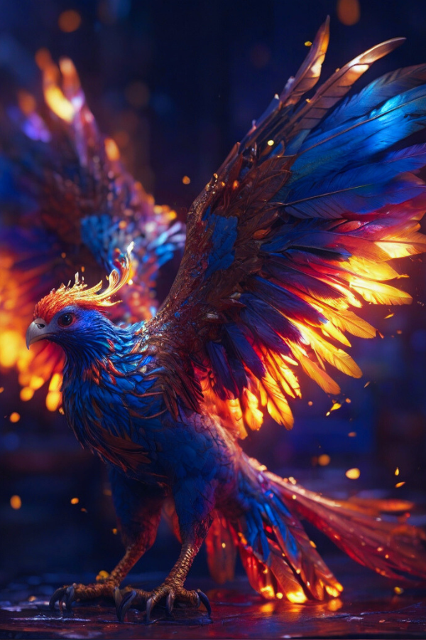 Ein Phönix mit roten und blauen Federn und ausgestreckten Flügeln. Magische Tiere in Urban-Fantasy-Romanen der Autorin Yvonne Orrego.