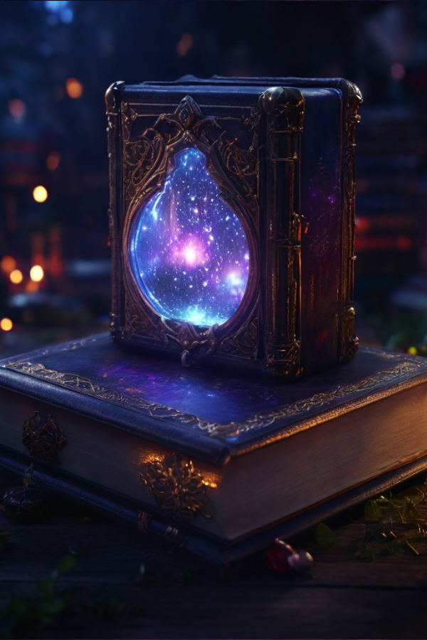Ein Zauberbuch mit magischem Licht auf einem Tisch. Zaubersprüche und Zauberei in Urban-Fantasy-Büchern für Erwachsene.