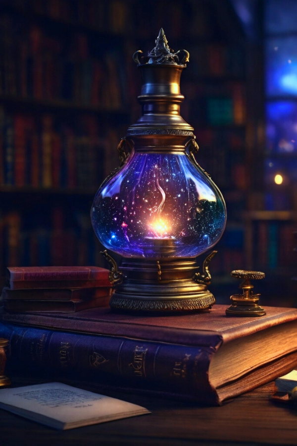 Eine magische Lampe auf einem Stapel Bücher. Magie in Fantasy-Büchern.