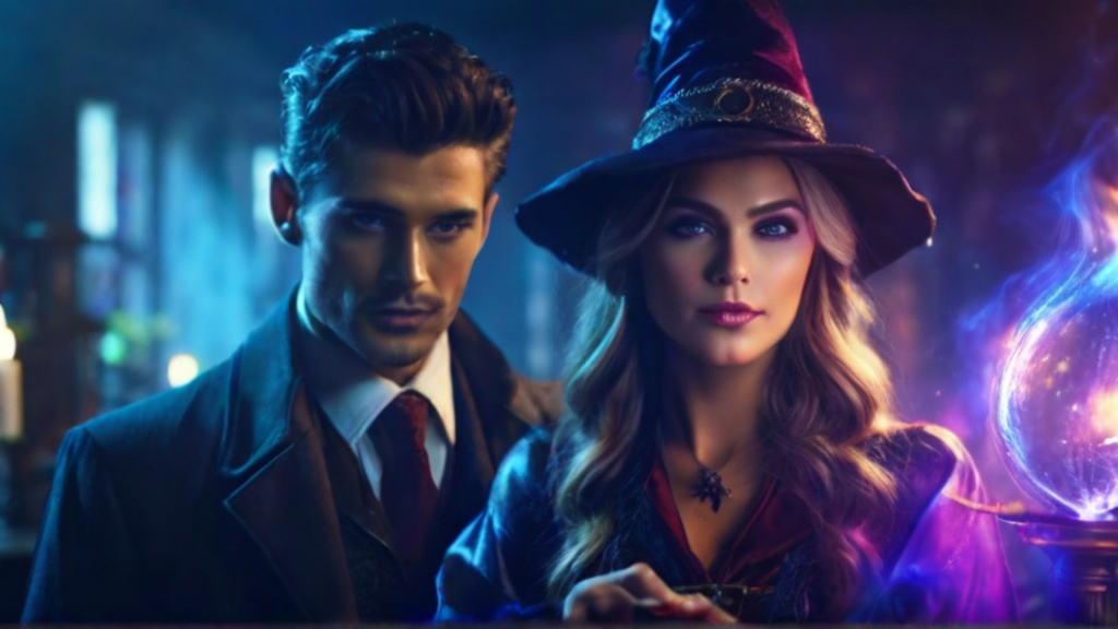 Eine Frau mit Spitzhut und ein Mann mit Mantel und Anzug in einer magischen Umgebung. Hexen, Zauberer und Magier in der Fantasy.