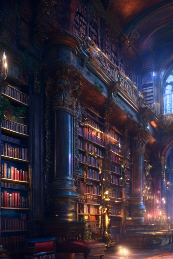 Bibliothek in einem Schloss mit vielen magischen Büchern. Fantasy-Bücher.
