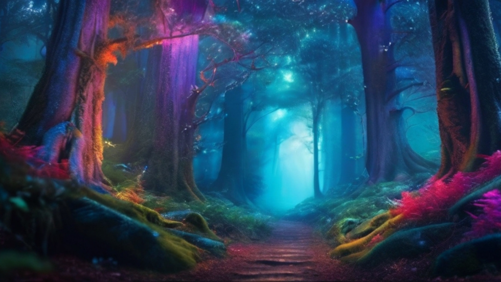 Ein magischer Wald mit großen Bäumen und magischem Licht. Fantasy-Tropes in Büchern, Filmen und Serien.