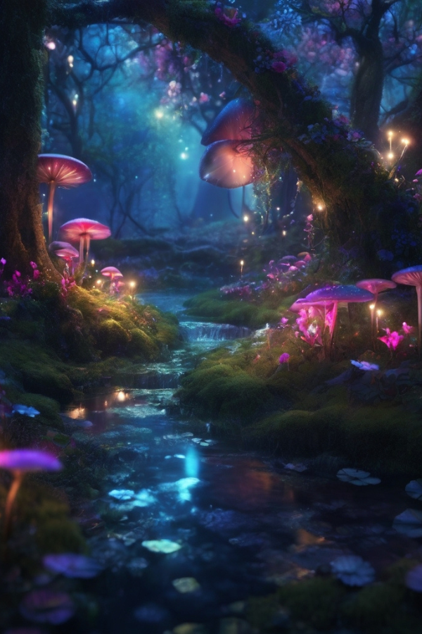 Ein Fluss in einem Wald, Pilze, große Bäume und magische Lichter. Ein magischer Zauberwald in Fantasy-Büchern.
