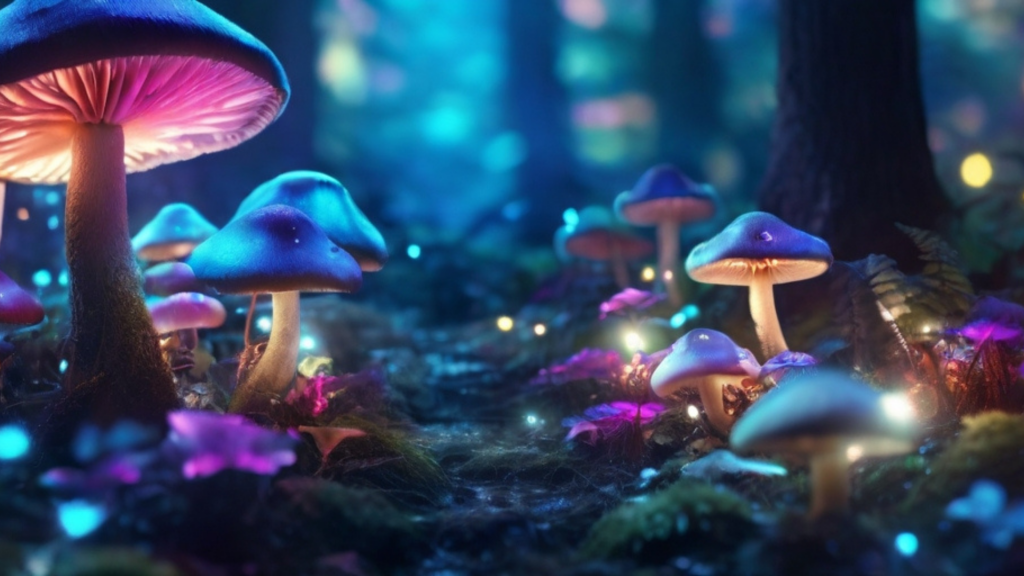 Magisch leuchtende Pilze in einem verzauberten Wald.