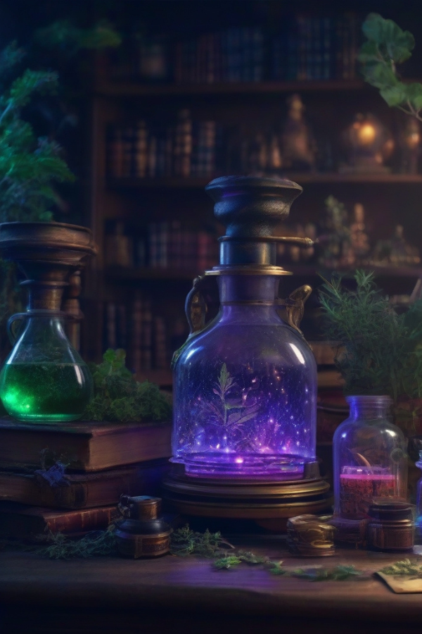 Eine magische Kräuterküche und Labor mit Zaubertränken.