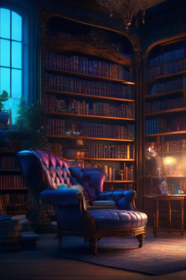 Ein Lesesessel vor Bücherregalen. Warmes Licht einer Lampe und ein Fenster.