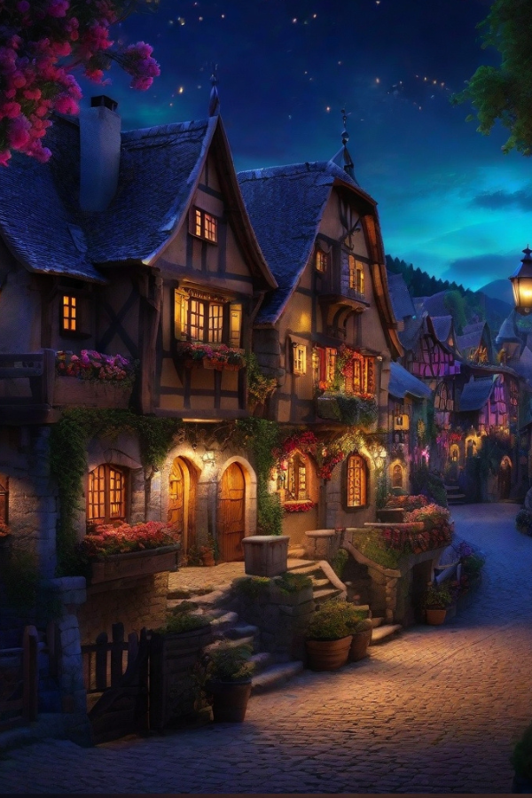 Fachwerkhäuser an einer Dorfstraße bei Nacht mit magischer Atmosphäre. Warmes Licht und Sternenhimmel.