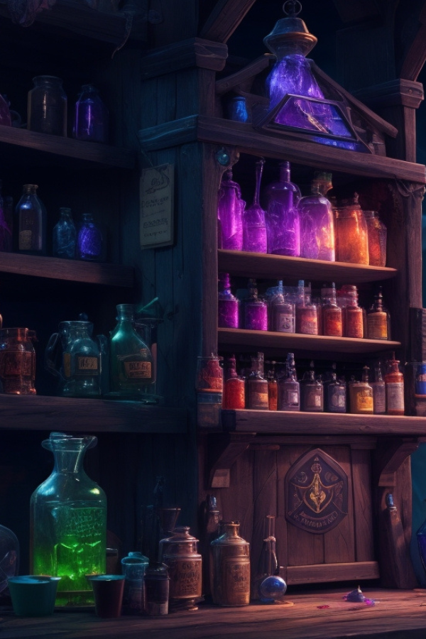 Ein Regal mit Flaschen mit magischen Zaubertränken in verschiedenen Farben. Warm und gemütlich.