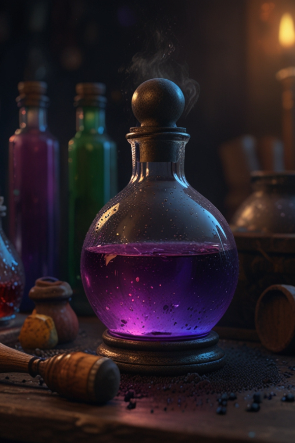 Eine Flasche mit Zaubertrank, lila, magisch. Fantasygeschichten mit Magie.