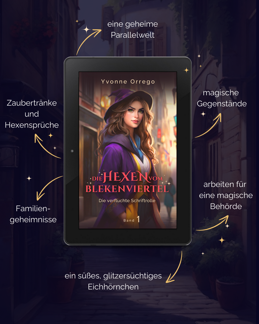 E-Book-Cover von "Die Hexen vom Blekenviertel" mit Stichpunkten zu den wichtigsten Tropes und Themen, Magie, Cozy Fantasy