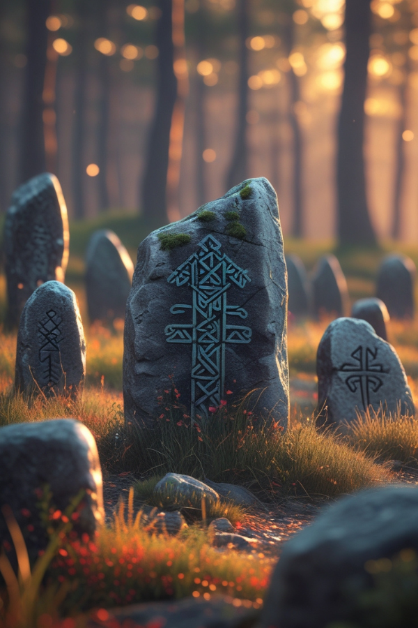 Steine mit Schriftzeichen in Landschaft, Mystik und Fantasy