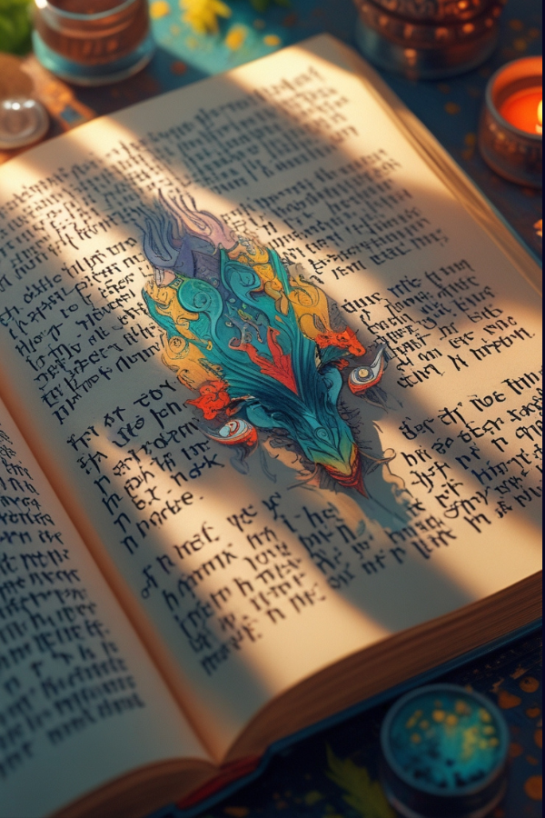 Ein aufgeschlagenes Buch mit geheimnisvoller Schrift, eine Illustration eines Drachen, Fantasy und Mystik.