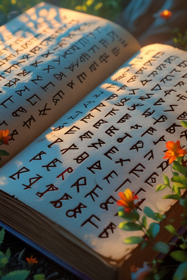 ein aufgeschlagenes Buch mit geheimnisvollen Zeichen wie Runen