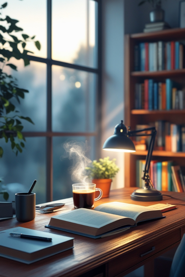 Ein Schreibtisch mit Kaffee und einem Buch