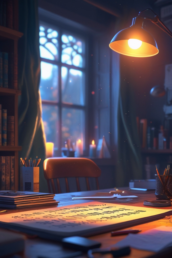 Tisch mit einem Blatt Papier, Stiften und Stuhl, Runenzeichen in Magie und Fantasy.