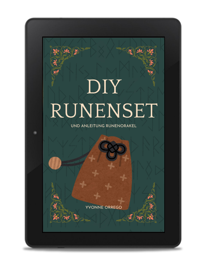 Ein E-Book-Reader mit Cover für DIY-Runenset und Runenorakel