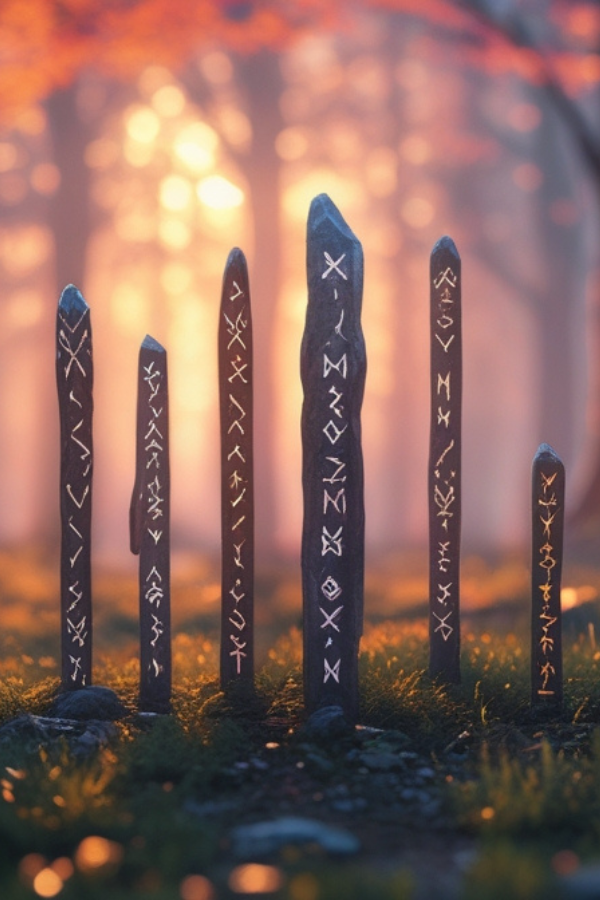 Steinstelen mit mystischen Zeichen, Runen in der Fantasy