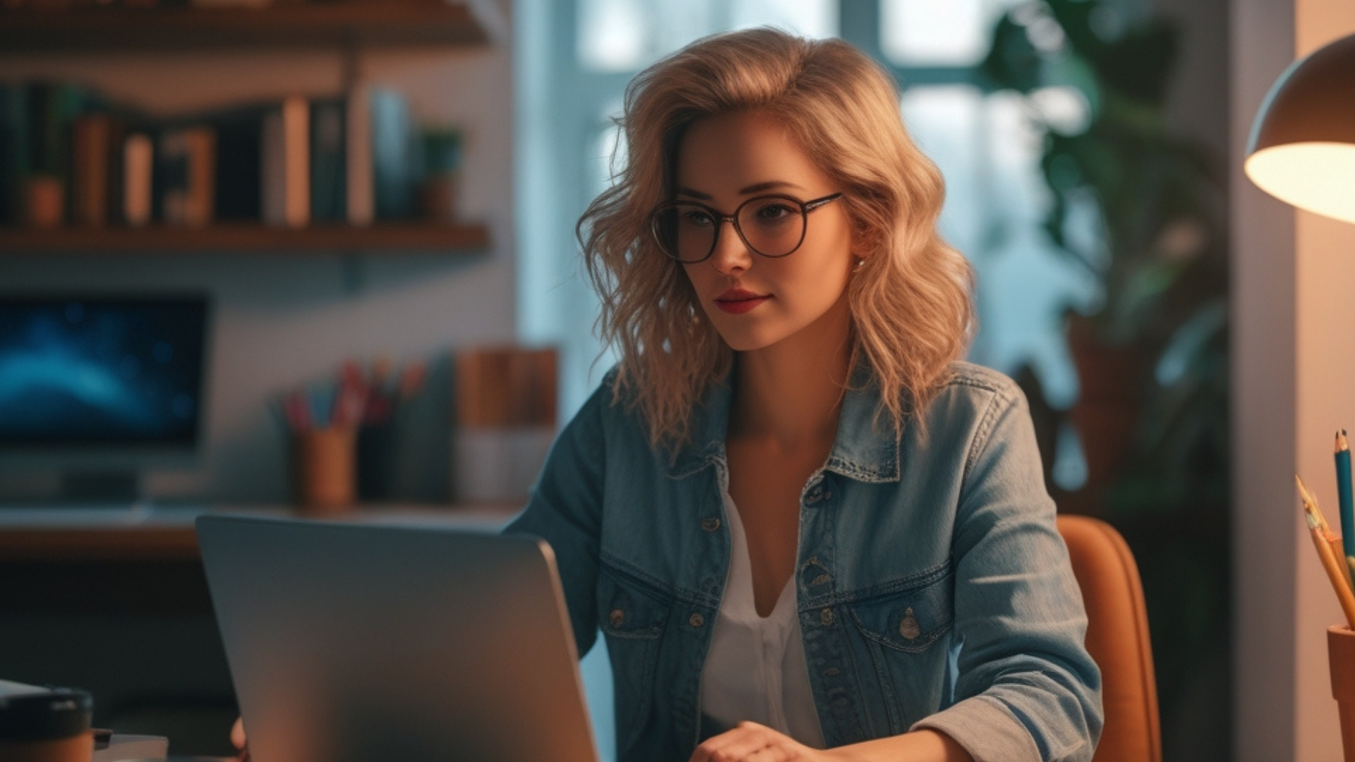 Eine Frau am Schreibtisch schreibt am Laptop, Autorin