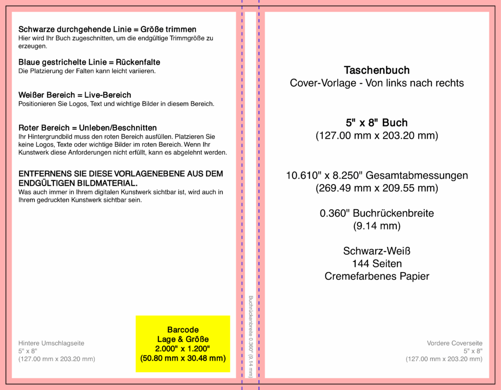 Vorlage mit Maßen für ein Taschenbuchcover