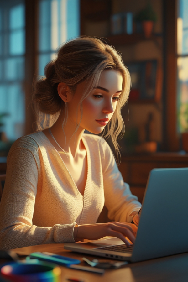 eine Frau am Laptop, schreibt ein Buch, Autorin