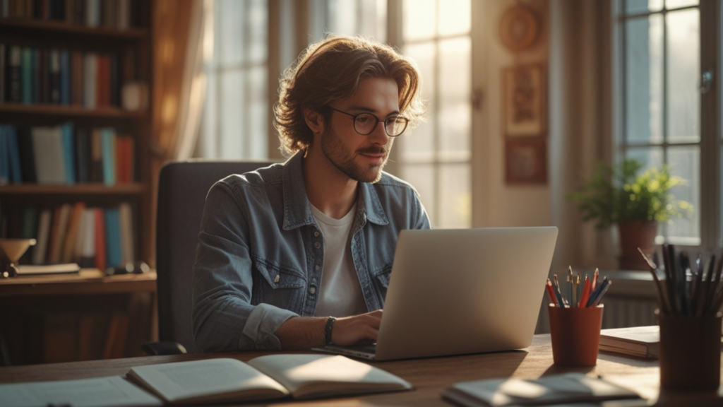 Mann am Laptop, arbeitet, Selfpublishing Lektorat und Korrektorat