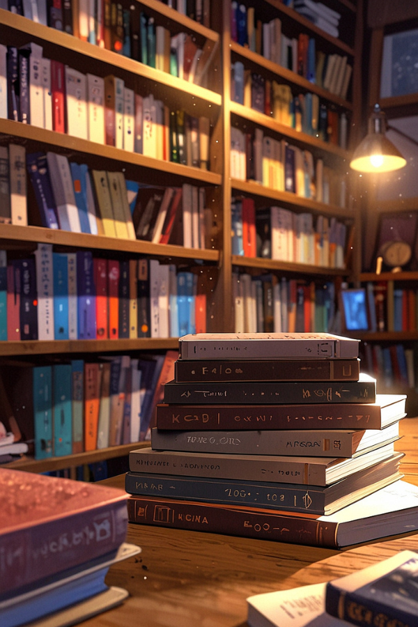 Ein Stapel Bücher auf einem Tisch, Bücherregale im Hintergrund