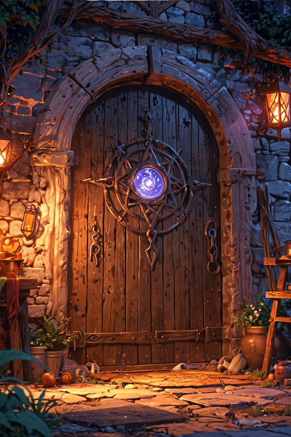 Eine alte Holztür mit einem magischen Symbol in der Mitte, mystisch und geheimnisvoll