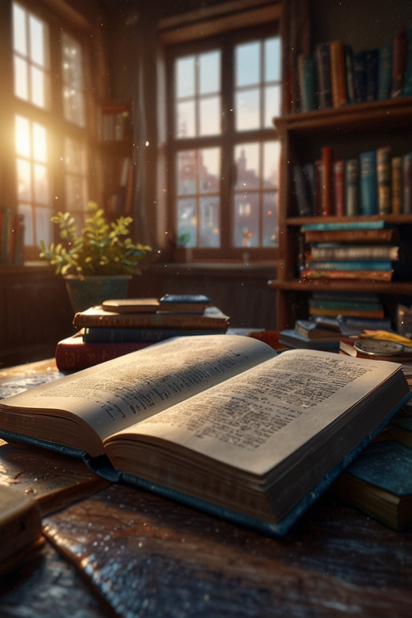 Ein Buch auf einem Tisch, aufgeschlagen, Im Hintergrund Fenster und ein Bücherregal