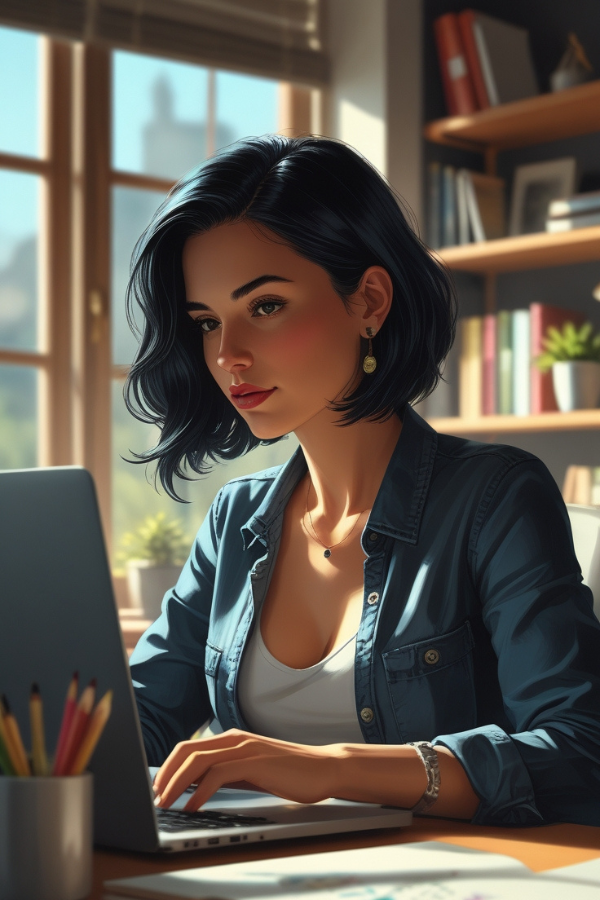 Frau sitzt an einem Tisch und arbeitet an einem Laptop, Fenster und Bücherregal im Hintergrund