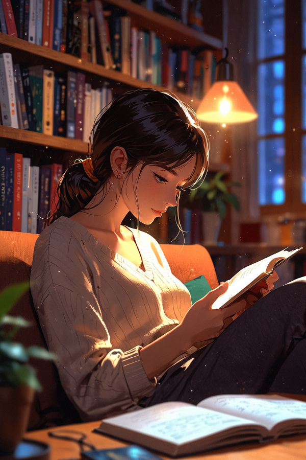 Frau sitzt auf einem Sofa und liest ein Buch, Tisch und Notizbuch davor, Bücherregal im Hintergrund, gemütlich und warm