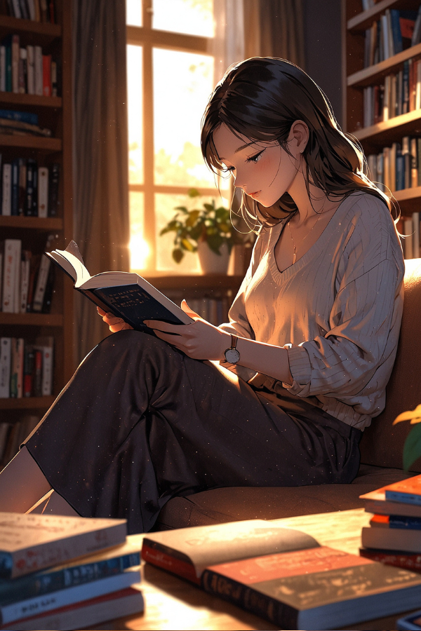 Frau auf einem Sofa, liest ein Buch, Sonne scheint durch ein Fenster, warm und cozy