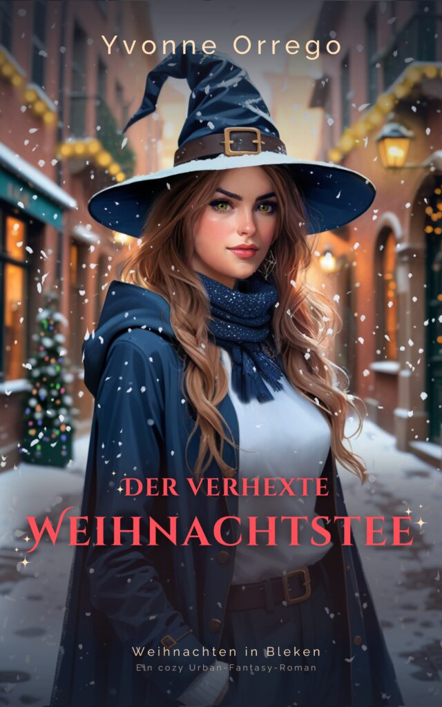 E-Book-Cover von "Der verhexte Weihnachtstee", eine Hexe, Schnee