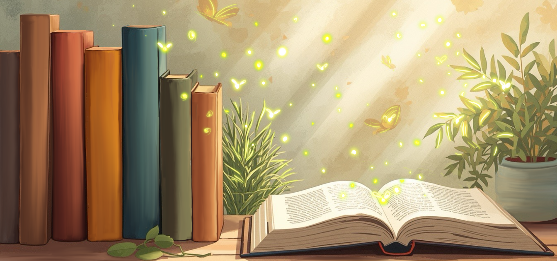Eine Reihe mit Büchern und ein aufgeschlagenes Buch auf einem Tisch, Topfpflanzen und magische Lichter.
